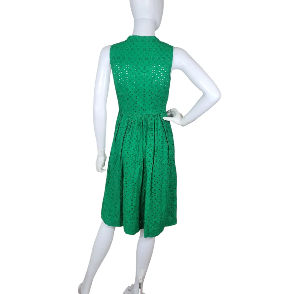 J Crew Eyelet Dress Womens 00 Kelly Green Sleeveless Button Front Clover‎ Preppy